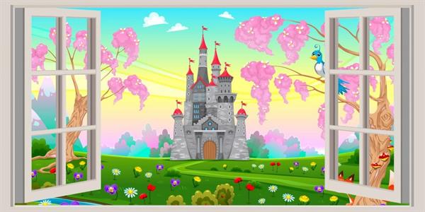 FOTOMURALE IN TNT FINESTRA CASTELLO BAMBINA MIS. 200X100 CM.